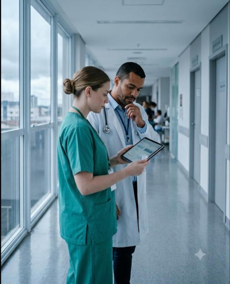 Enfermeira e médico consultando informação clínica em um tablet, num corredor de hospital iluminado por luz natural