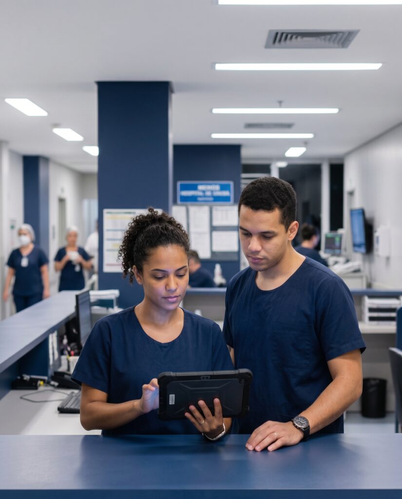 Dois enfermeiros de jaleco azul-marinho conferindo juntos um tablet no balcão de um posto de enfermagem